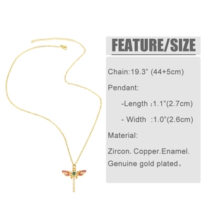 Detailed view of dragonfly pendant dimensions and high-quality copper gold plating