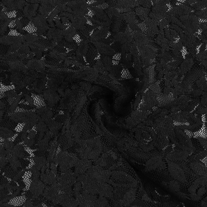 Detailed macro shot of black floral lace fabric with intricate hollowed textures