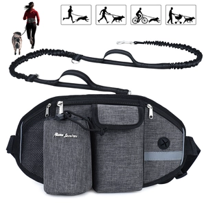 Detail of dark grey running dog walking belt with leash and water bottle pocket