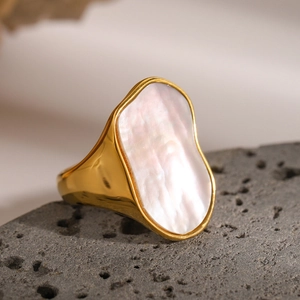 Irregular 18K gold stainless steel ring with white mother of pearl inlay on lava stone