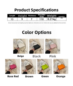 Detailed size chart and seven color options for the mini pearl handle PU chain bag