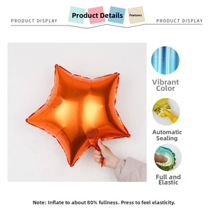 Detail showing orange-gold star foil balloon with self-sealing valve and shiny finish