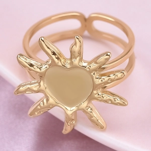 Detailed macro view of an 18K gold plated 304 stainless steel heart sun ring