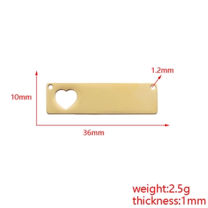 Detailed size specifications for gold stainless steel rectangle heart pendant charm