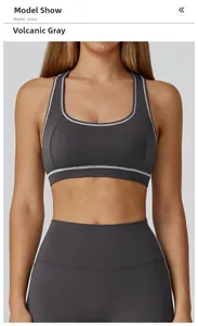 Detail of Volcanic Grey yoga bra with racerback design and white contrast stitching