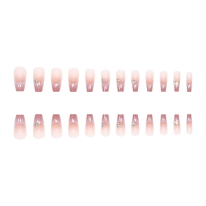 Pink French gradient press-on nails with rhinestone accents, 24-piece full set for women