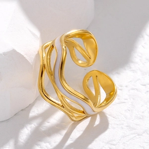 Irregular wave stainless steel open ring with gold plating and white enamel inlay