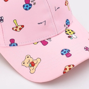 Pink canvas kids baseball cap with cute bear and mushroom print featuring Love text