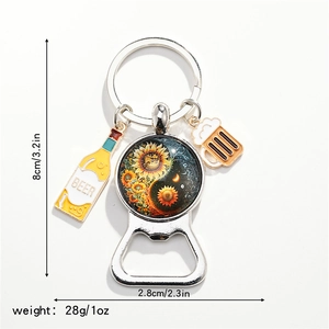 Metal bottle opener keychain featuring yin-yang sunflower pattern and beer charms