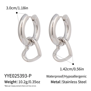 Detailed size measurement of polished stainless steel heart hoop earrings in bright silver