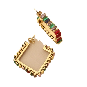Chic gold stainless steel C-shaped earrings with colorful rectangular zircon gemstones