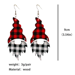Plaid Christmas gnome wood drop earrings with festive red and black checkered pattern