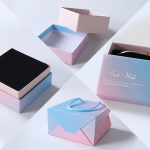 Pink blue gradient jewelry gift box with handle and black foam padding for accessories