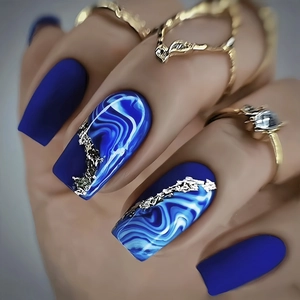 Blue Marble Design Press On Nails With Gold Stripes Matte Dark Blue Detachable Full Cover Fake Nails DIY Manicure