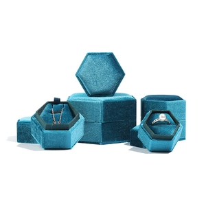 Peacock blue velvet hexagonal jewelry box for rings and necklaces with plush texture