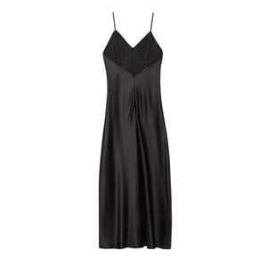 Detail view of black satin slip dress back with thin straps and deep V-cut open back design