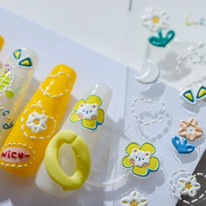 Pegatinas 3D para uñas con osos y margaritas, diseños florales en amarillo y blanco