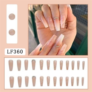 Long nude gradient press-on nails with rhinestone accents set model LF360