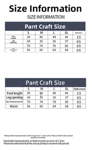 Size chart showing length, waist, and hip measurements for yoga gym shorts
