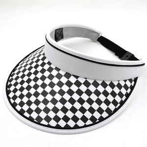 Women checkerboard empty top sun hat with large brim and adjustable elastic back strap