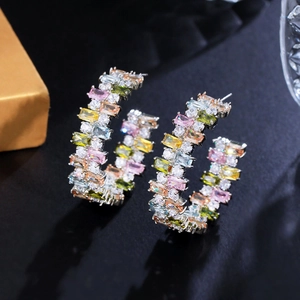 Geometric Multi-Color Zirconia C-Shape Hoop Earrings With 925 Sterling Silver Earring Post Elegant Jewelry For Women