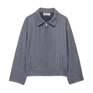 Giacca in lana grigio scuro da donna con colletto a revers e zip, stile casual minimalista