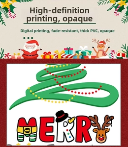 Detail of PVC Christmas window sticker featuring festive green tree and creative Merry motifs