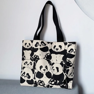 Minimalist Panda Print Canvas Tote Bag with Large Capacity and Black Woven Handles