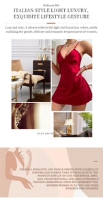 Detail view of red satin nightdress showing silky texture and thin shoulder straps