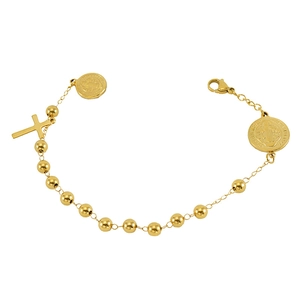 Golden stainless steel rosary bracelet with St. Benedict medals and cross pendant