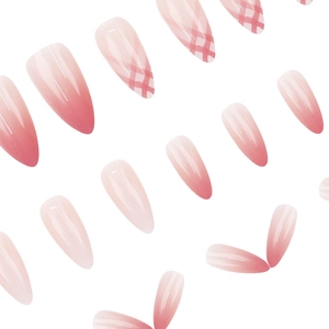 Pink gradient plaid press-on nails set with long almond shape and glossy finish