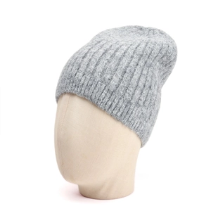 Detail view of grey wool blend knit beanie showing classic vertical ribbed texture
