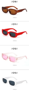 Macro view of retro rectangle sunglasses in brown, red, pink, and white frame options