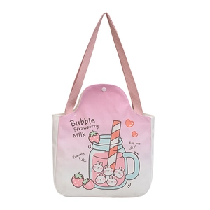 Pink gradient canvas tote bag featuring cute strawberry milk and bunny cartoon patterns