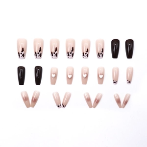 24pcs long coffin press-on nails with cow print and 3D white heart design in dark brown
