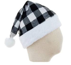 Detail of buffalo plaid Christmas hat with white faux fur trim on a display mannequin head