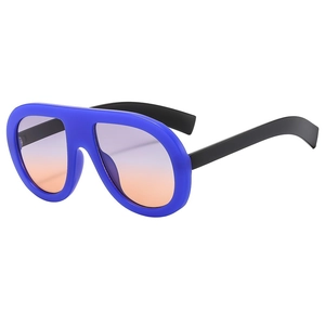Stylish oversized aviator sunglasses with royal blue frame and purple-orange gradient lenses