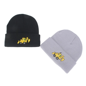 Kids knitted beanie with excavator embroidery in black and grey, warm winter hat