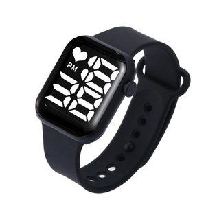 Square digital smart watch with black silicone strap and heart icon on LED screen display