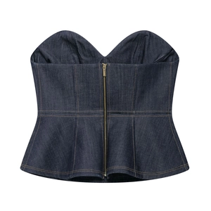 Deep blue denim strapless top with a cinched waist and flaring peplum hemline