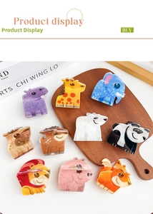 Set of 9 cute cartoon animal hair claws with colorful marble texture acetate material