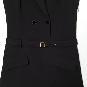 Slim fit black blazer dress with double-breasted design and gold pin buckle waist belt