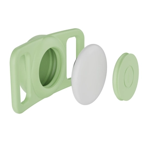 Exploded view of the light green AirTag silicone case showing its 3-part waterproof design