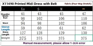 Detailed size chart for geometric V-neck midi dress including shoulder and bust measurements