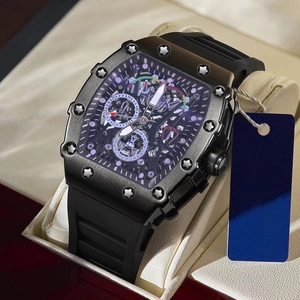 Reloj Cuarzo Hombre Esqueleto Caja Tonneau Aleación Con Correa Caucho Luminosa Deportiva Casual De Pulsera