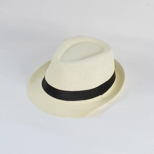 Detailed weave of cream paper straw fedora hat featuring a black decorative band