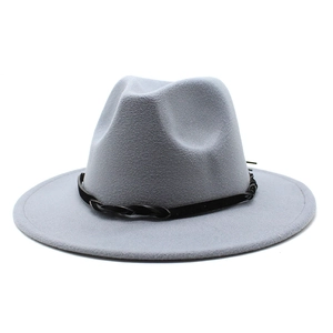 Detail of light gray fedora hat with a black braided leather band and wool texture