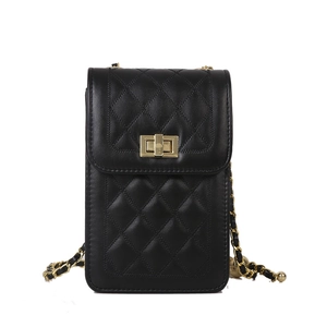 Classic black quilted crossbody phone bag with gold metal lock and chain strap