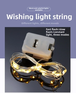 Detail of warm white LED copper wire fairy lights with battery box on a black surface