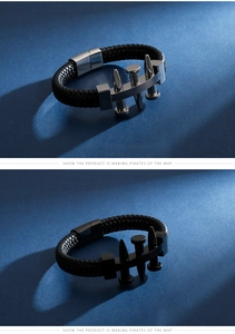 Macro detail of men's woven leather bracelet with industrial style metal studs